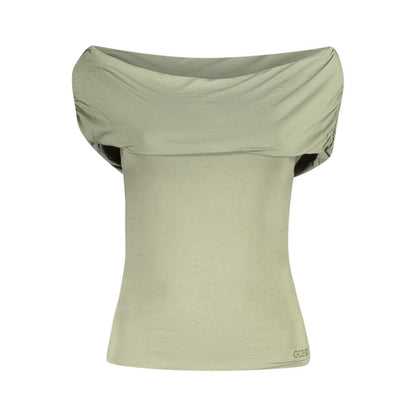 Guess Jeans Green Modal Women T-Shirt with off-the-shoulder design and rhinestone logo accent, glamorous and comfortable fit