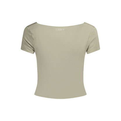 Alt Tag: Guess Jeans Green Modal Women Top with short sleeves and sweet neckline, featuring the iconic logo, perfect blend of comfort and style.