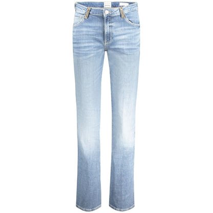 Guess Jeans Light Blue Cotton Women Jeans with vintage faded look and rhinestone embellishments, perfect mid-rise straight cut for comfort.