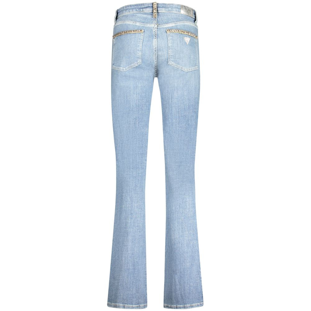 Back view of Guess Jeans Light Blue Cotton Women Jeans with rhinestone embellishments, mid-rise straight cut, and vintage faded look.