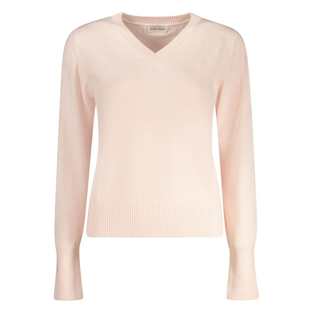 Guess Jeans Pink Polyester Women Sweater with V-neck and long sleeves, featuring Guess embroidery, perfect for cozy, chic style.