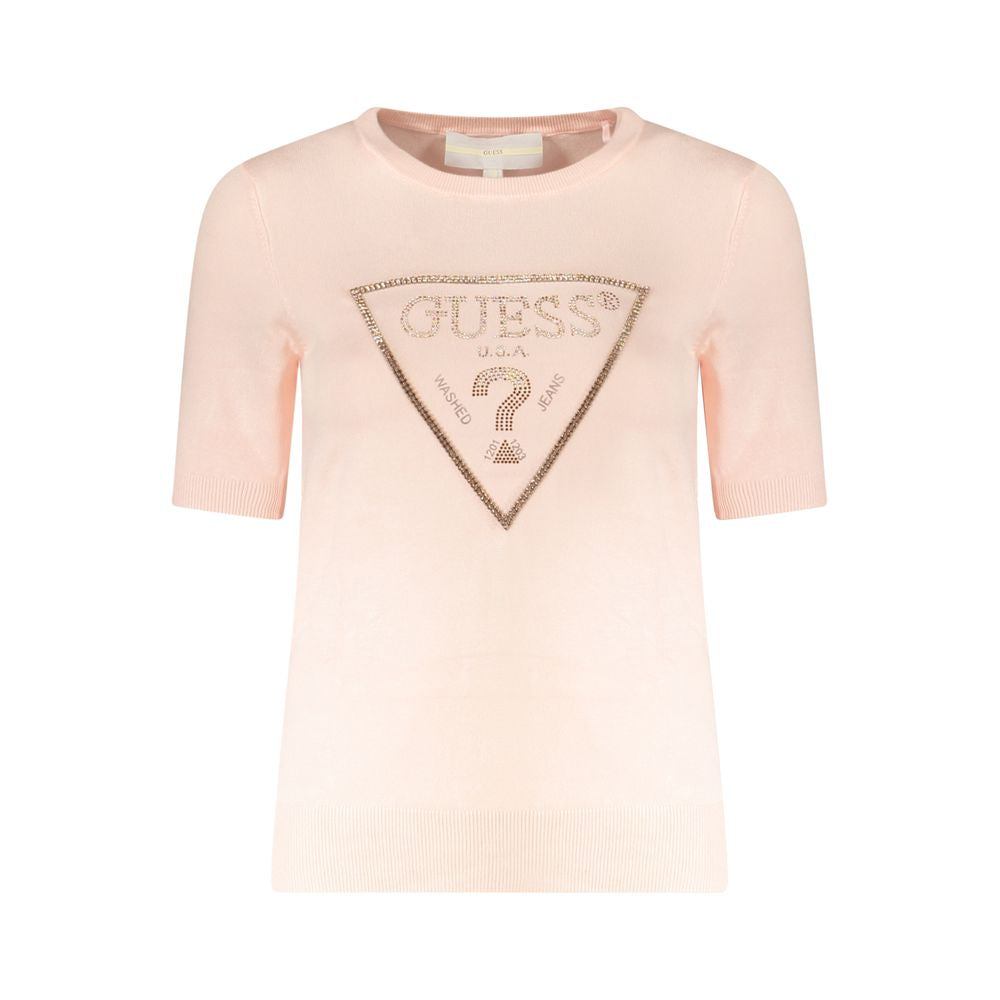 Alt Tag: Guess Jeans Pink Viscose Sweater with rhinestone logo, short sleeves, and contrasting details.