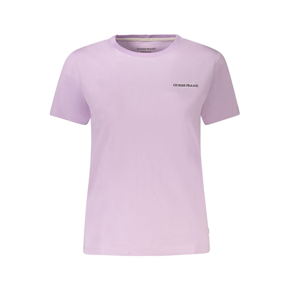 Guess Jeans Purple Cotton Women T-Shirt with short sleeves, crew neck, and iconic logo print, perfect for fashion-forward style seekers