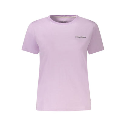 Guess Jeans Purple Cotton Women T-Shirt with short sleeves, crew neck, and iconic logo print, perfect for fashion-forward style seekers