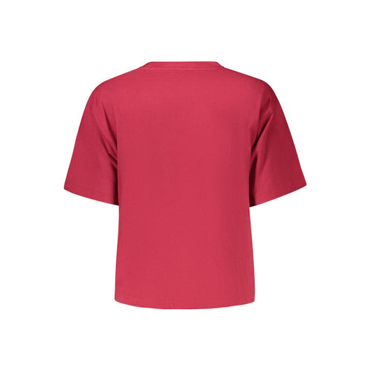 Back view of Guess Jeans Red Cotton Women T-Shirt with short sleeves, crew neck, and bold logo on red organic cotton fabric.