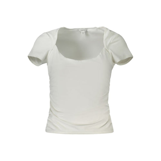 Guess Jeans White Spandex Women T-Shirt with wide neckline and short sleeves, featuring a stylish design ideal for chic casual wear.