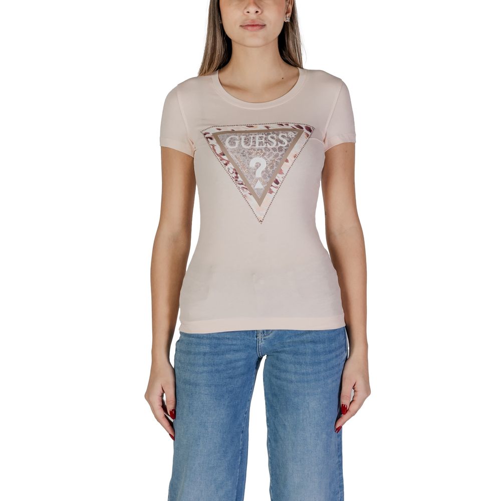 Woman wearing Guess Multicolor Cotton T-Shirt with cheetah logo design on the front showcasing style and comfort.