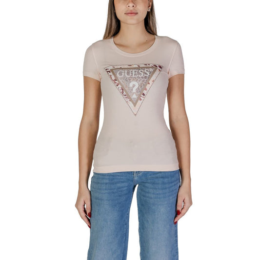 Woman wearing Guess Multicolor Cotton T-Shirt with cheetah logo design on the front showcasing style and comfort.