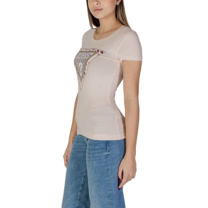 Woman wearing Guess Multicolor Cotton T-Shirt with cheetah print logo