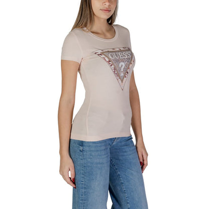 Woman wearing Guess Multicolor Cotton T-Shirt with cheetah print logo.