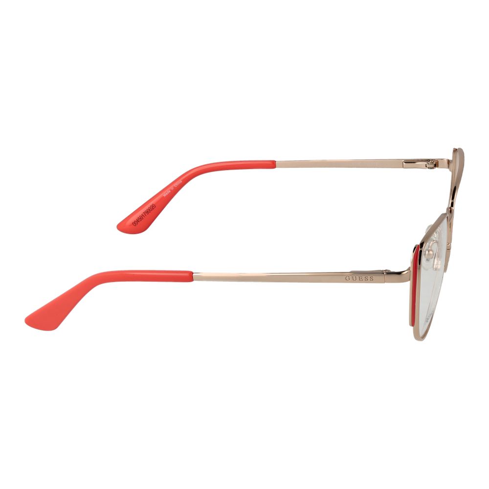 Guess Orange Women Glasses Frame, coral metal full-rim cat eye style side view, spring hinge, branded case included.
