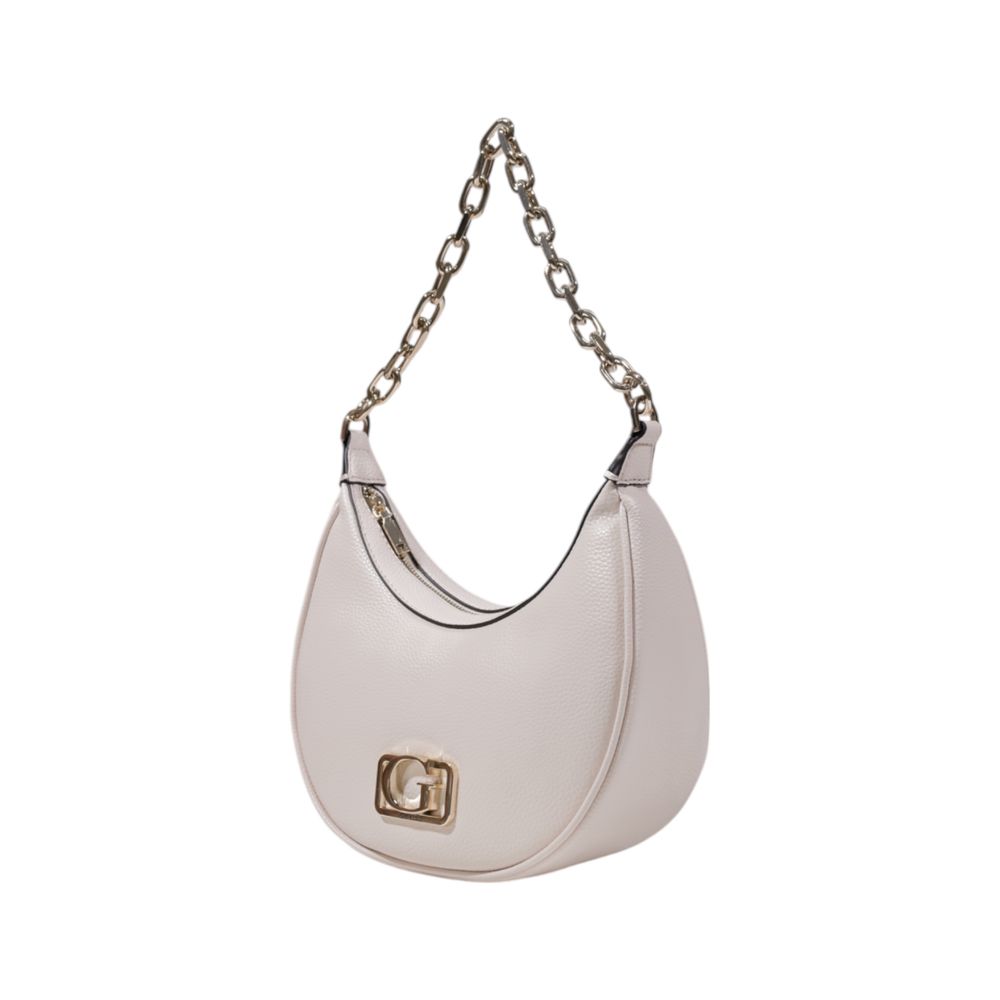Guess Pink Polyethylene Handbag with chain strap and gold-tone 'G' logo, showcasing elegant half-moon design and modern style.