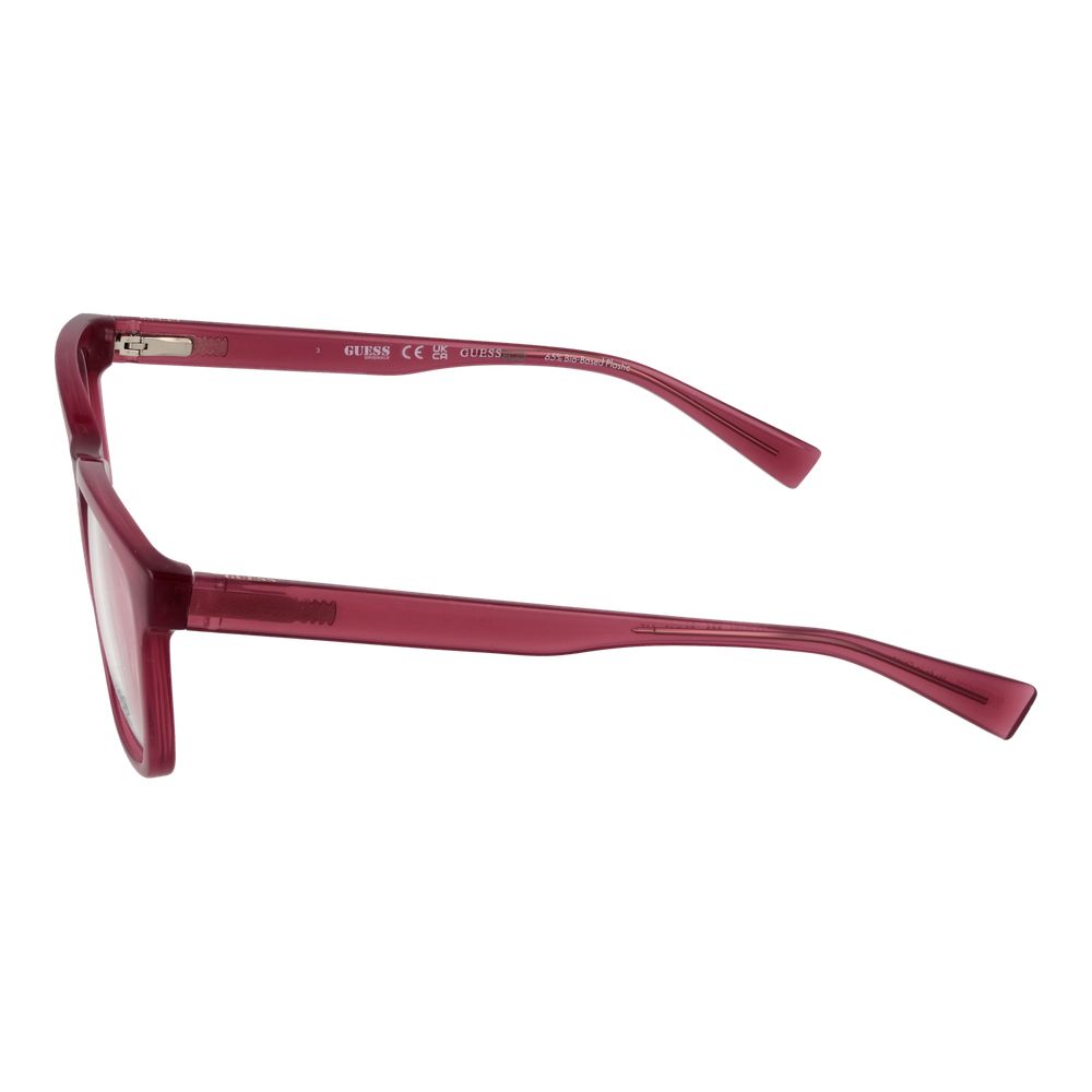 Guess Purple Women Glasses Frame side view with full-rim plastic design, temples length 145mm, spring hinge, no lens effect, square style.