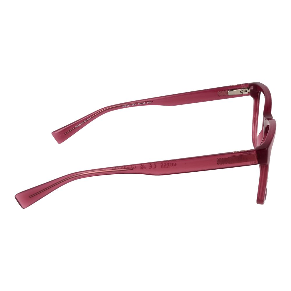 Guess Purple Women Glasses Frame with full-rim design, square shape, plastic material, and 145mm temples.