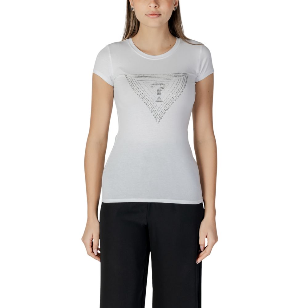 Alt Tag: Woman wearing Guess White Cotton T-Shirt with triangle logo, showcasing style and comfort.