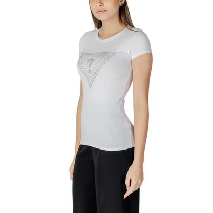 Guess White Cotton T-Shirt for women with short sleeves, featuring the signature triangle logo with sparkly details, offering a comfortable fit.
