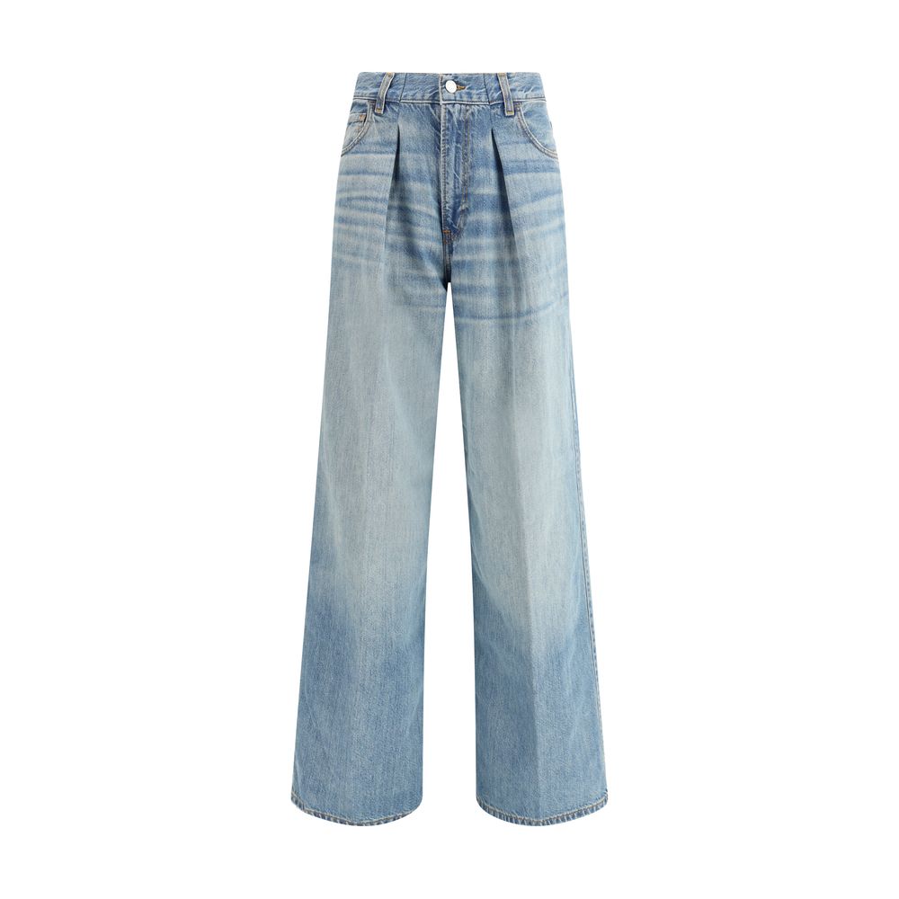 Haikure Light Blue Cotton Jeans Denim with wide-leg, medium waist, five-pocket design, front zipper, and logoed leather patch.