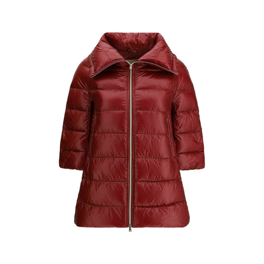 Herno Bordeaux Polyester Coat - midi down jacket with high collar, double-slider zipper, and three-quarter length sleeves.