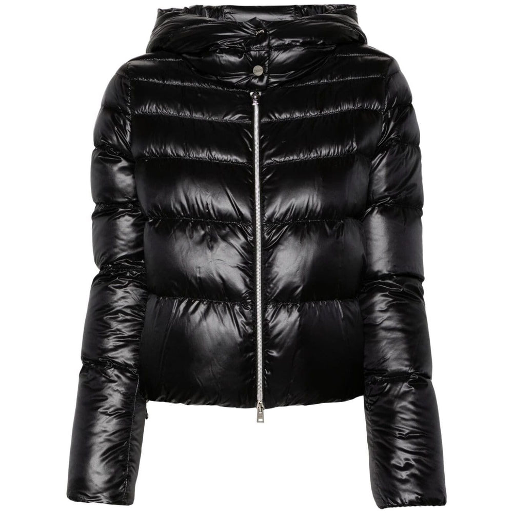 Herno Coats Black feather down padded jacket with hood, front zip, press-stud fastening collar, and cropped drawstring hem.