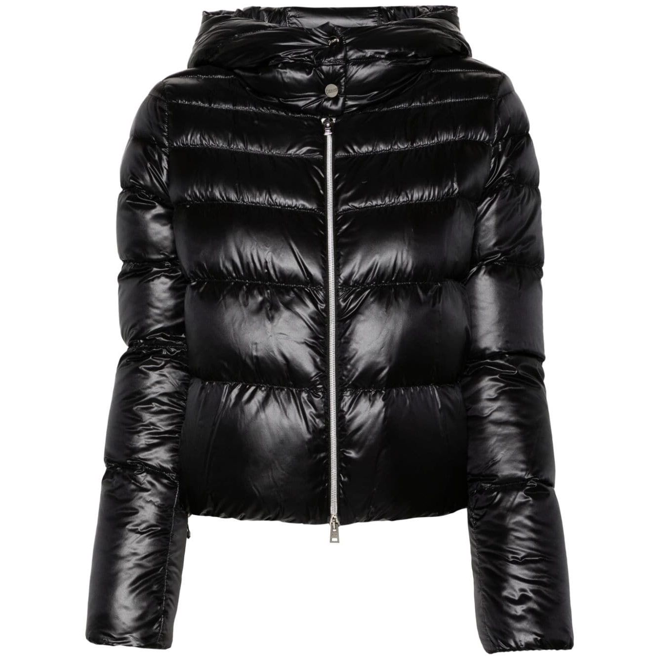Herno Coats Black feather down padded jacket with hood, front zip, press-stud fastening collar, and cropped drawstring hem.