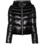 Herno Coats Black feather down padded jacket with hood, front zip, press-stud fastening collar, and cropped drawstring hem.