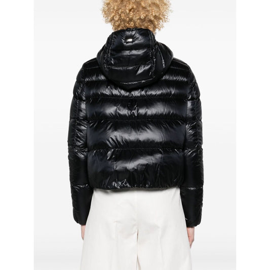 Herno Coats Black feather down padded design with hood, shown from the back.
