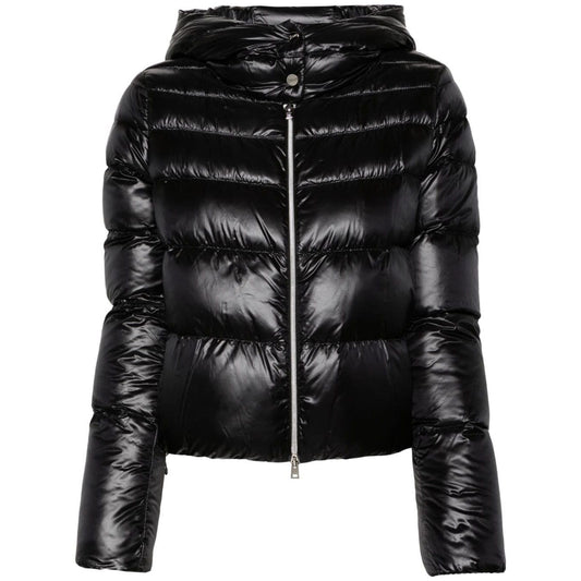 Herno Coats Black feather down padded jacket with hood, front zip, press-stud fastening collar, and cropped drawstring hem.