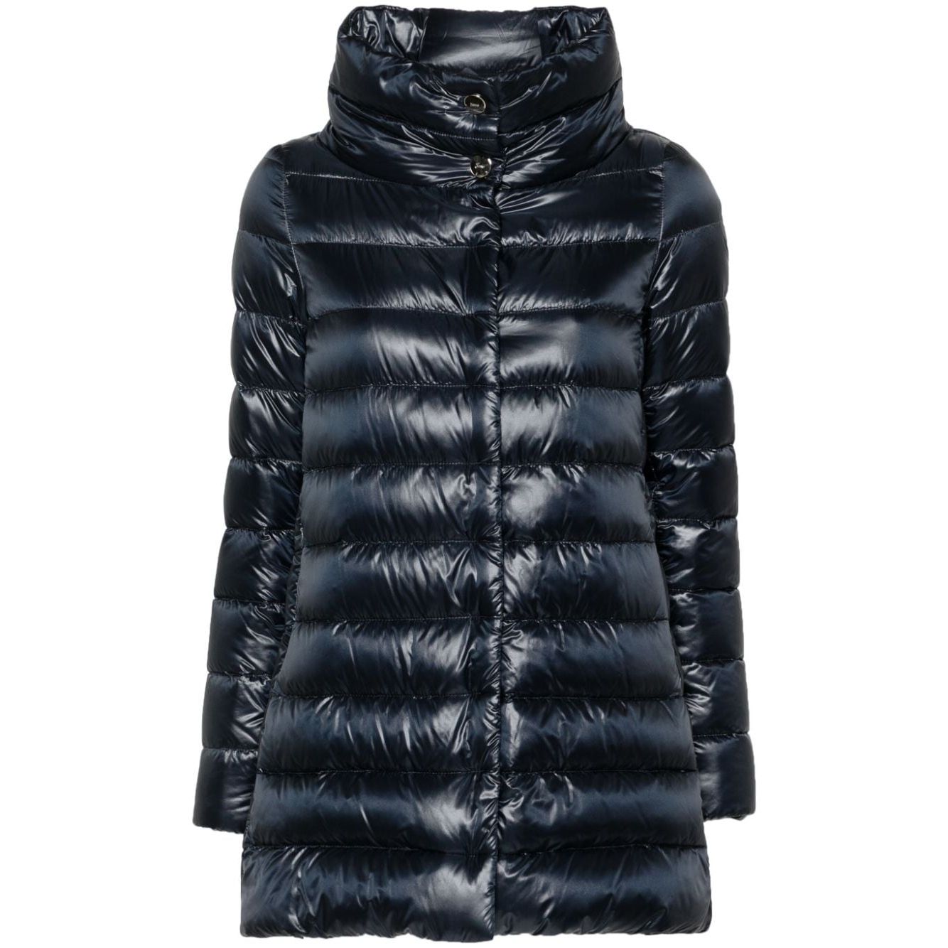 Herno Coats Blue: Navy blue high-shine quilted funnel neck Ameli midi down jacket with press-stud fastening and handwarmer pockets.