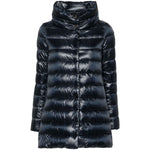 Herno Coats Blue: Navy blue high-shine quilted funnel neck Ameli midi down jacket with press-stud fastening and handwarmer pockets.