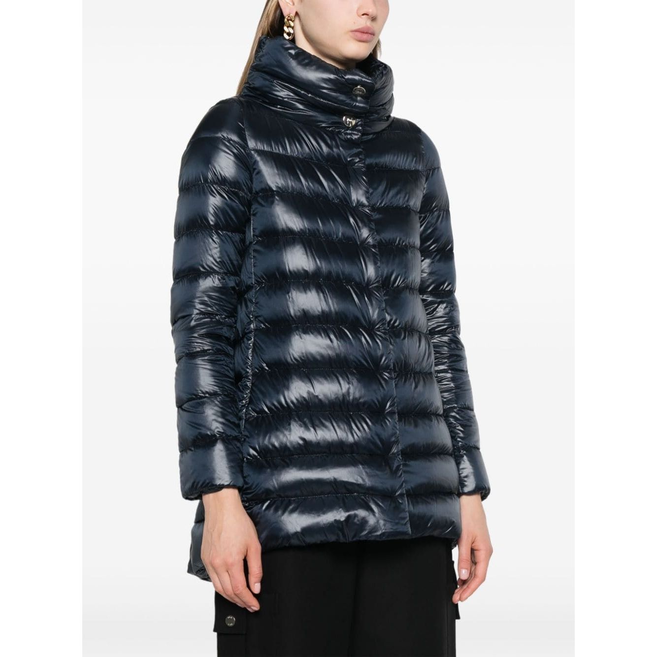 Herno Coats Blue - Navy blue feather down high-shine quilted funnel neck mid-length jacket with press-stud fastening and handwarmer pockets.