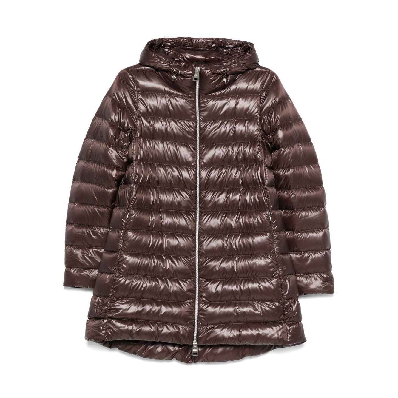 Herno Coats Brown: chocolate brown A-shape midi down jacket with high-shine finish, two-way zip, drawstring hood, and side zip pockets.