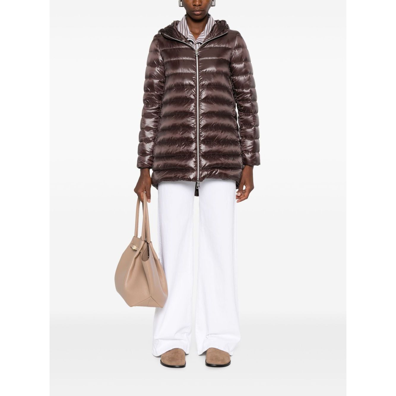 Herno Coats Brown, chocolate brown down jacket with drawstring hood, high-shine finish, two-way zip, two zip pockets, A-shape midi.