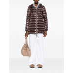 Herno Coats Brown, chocolate brown down jacket with drawstring hood, high-shine finish, two-way zip, two zip pockets, A-shape midi.