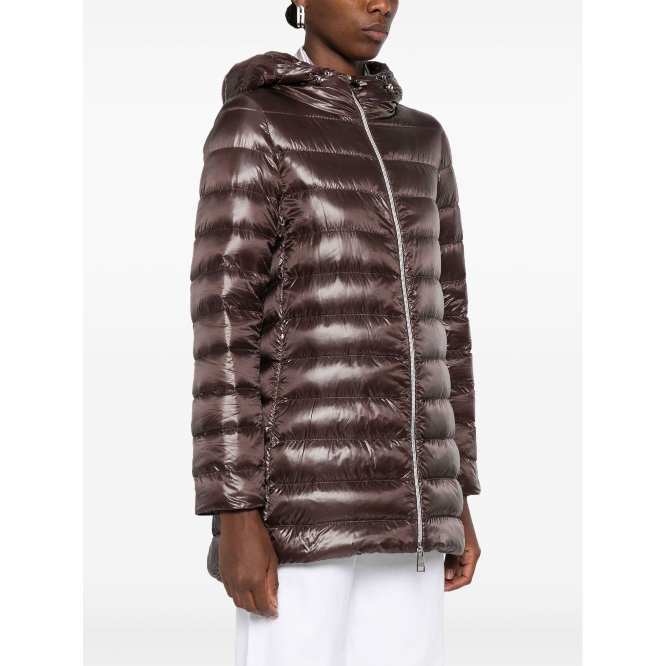 Herno Coats Brown A-shape midi down jacket with high-shine finish, two-way zip, drawstring hood, and zip pockets.