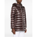 Herno Coats Brown A-shape midi down jacket with high-shine finish, two-way zip, drawstring hood, and zip pockets.