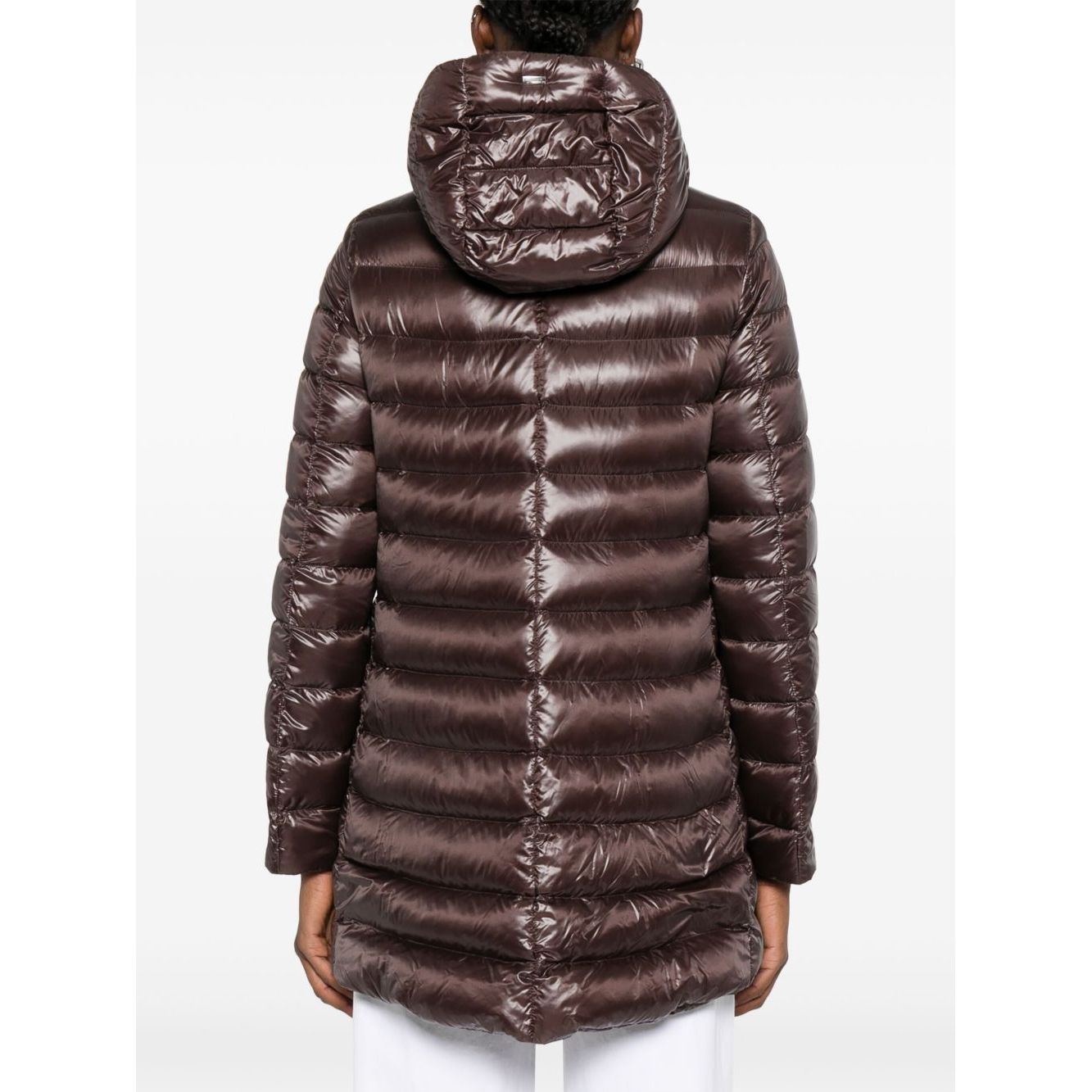 Back view of a Herno Coats Brown high-shine chocolate down jacket with drawstring hood.