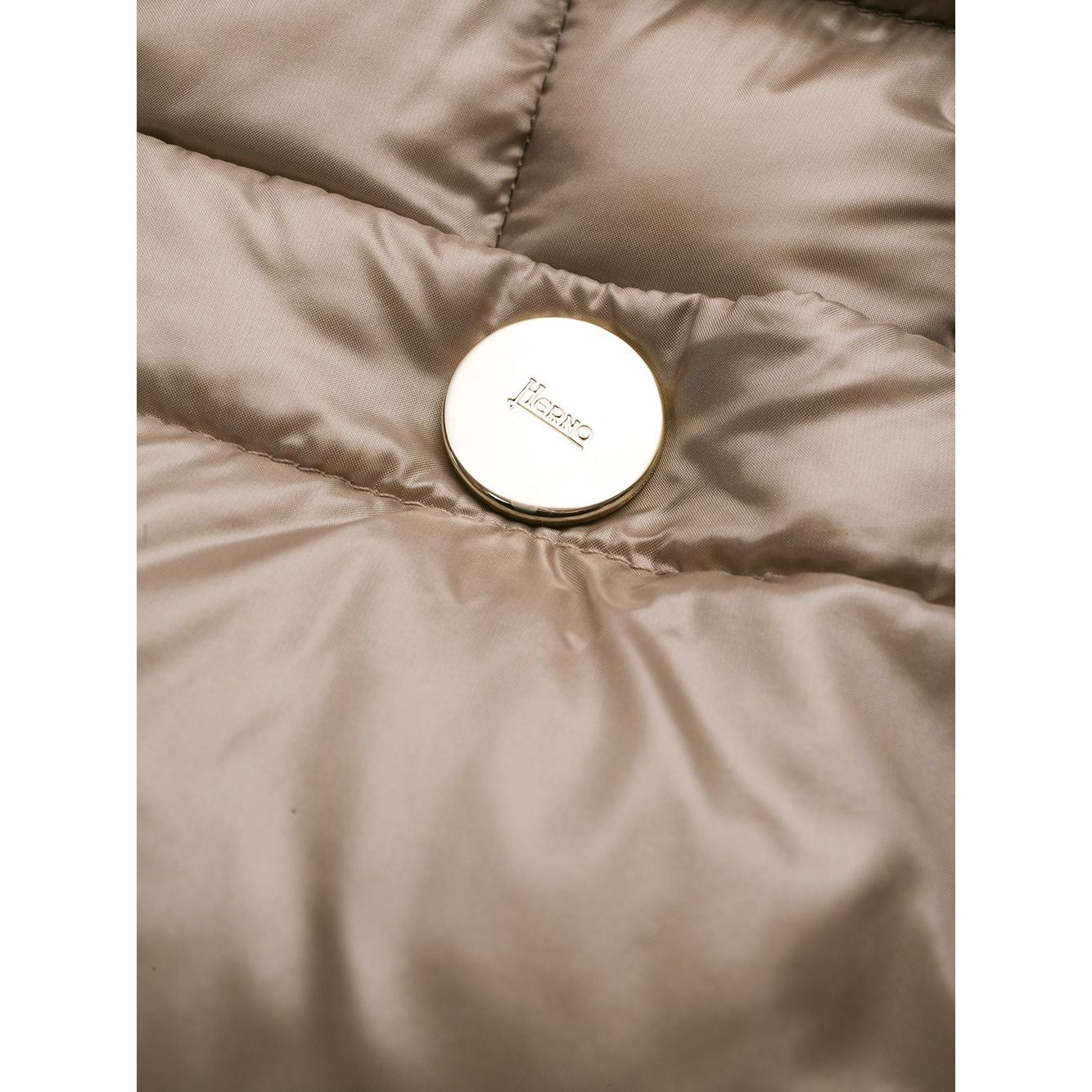 Close-up of Herno Coats Dove Grey button on Maria midi down jacket.