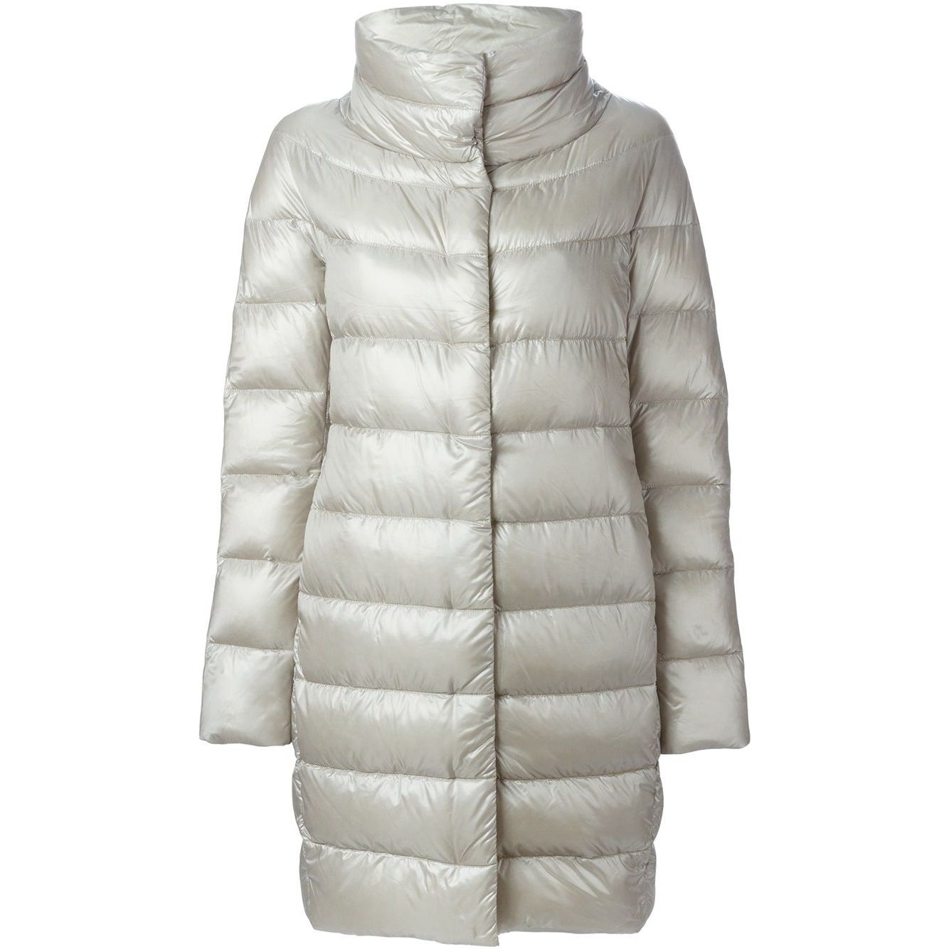 Herno Coats Light Grey padded Dora long down jacket, elegant and stylish outerwear.