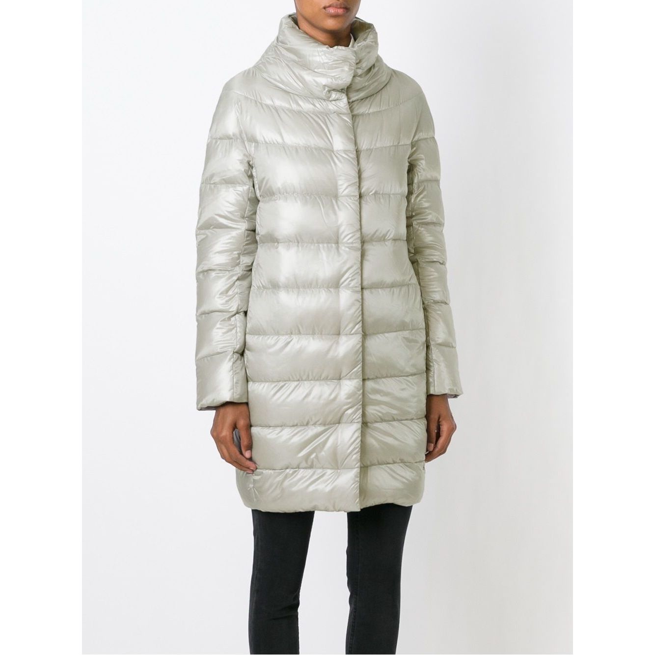 Herno Coats Light Grey padded Dora long down jacket, full front view, stylish winter outerwear for women.