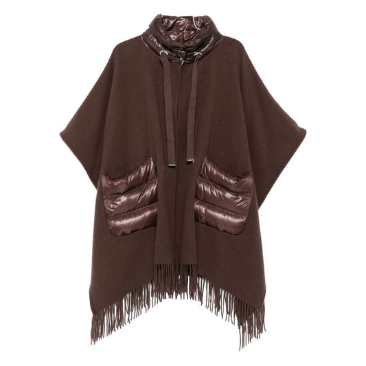 Herno Jackets Brown with quilted pockets, drawstring high neck, fringe trim, fringed wool poncho, 105cm length.