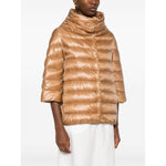 Herno Jackets Camel with padded design, three-quarter sleeves, quilted stand-up collar, and front press-stud fastening.