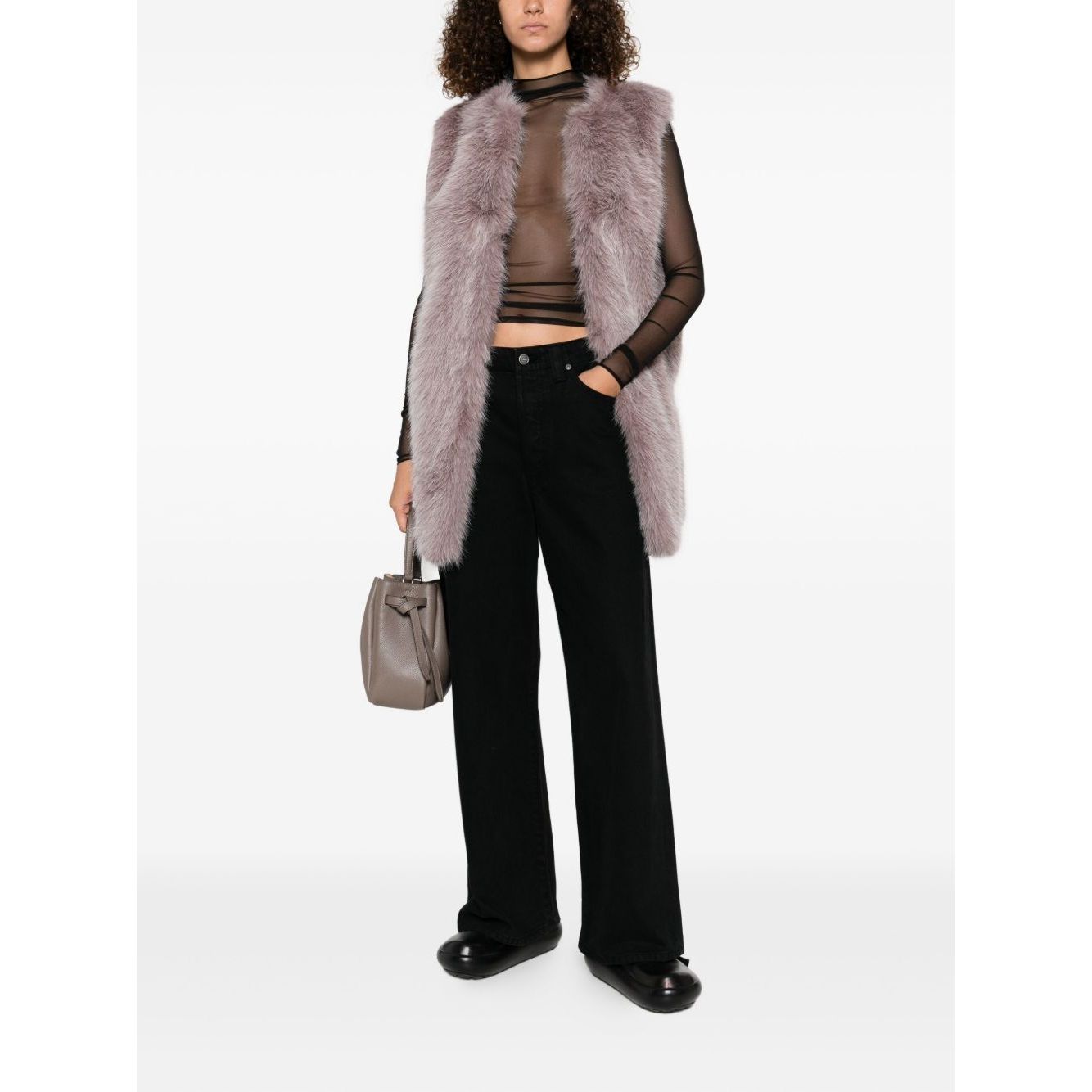 Model wearing grey faux fur sleeveless vest over sheer top with black pants, showcasing Herno Jackets Pink, round neck, straight hem design.