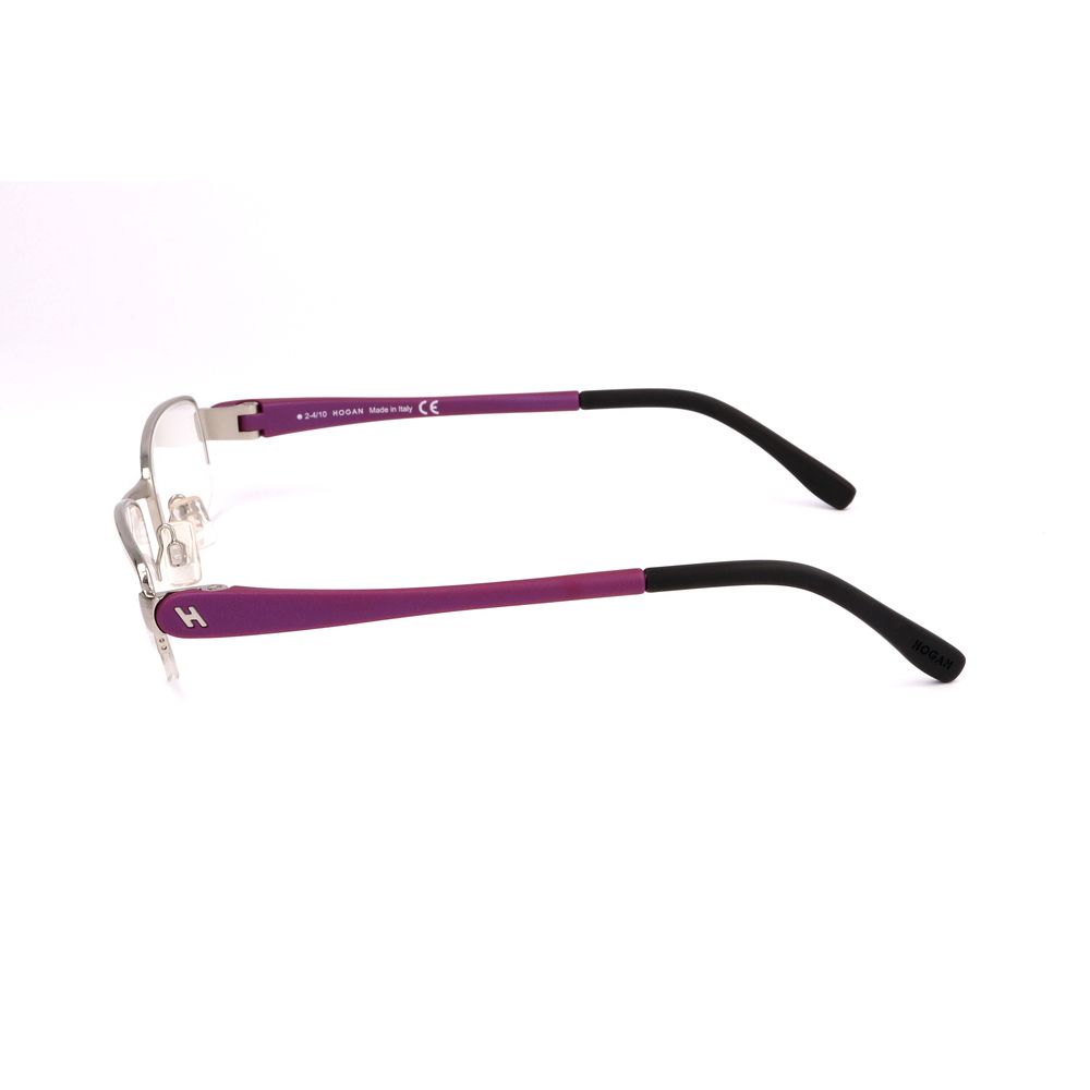 Side view of Hogan Gray Metal Frames, featuring glossy palladium gray metal with purple temple arms, size 52/18/135 mm for women.