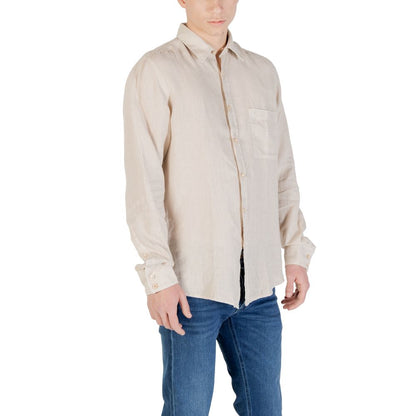 Hugo Boss Beige Linen Shirt for men, long-sleeve, casual or formal wear, lightweight, contrasting buttons, chest pocket, elegant design.