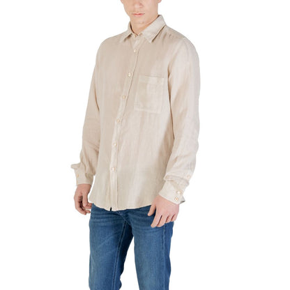 Hugo Boss Beige Linen Shirt featuring long sleeves, contrast buttons, and chest pocket, worn casually with jeans.