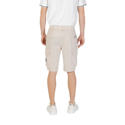 Back view of Hugo Boss Beige Polyester Bermuda Shorts with cargo pockets and elastic waistband on a model.