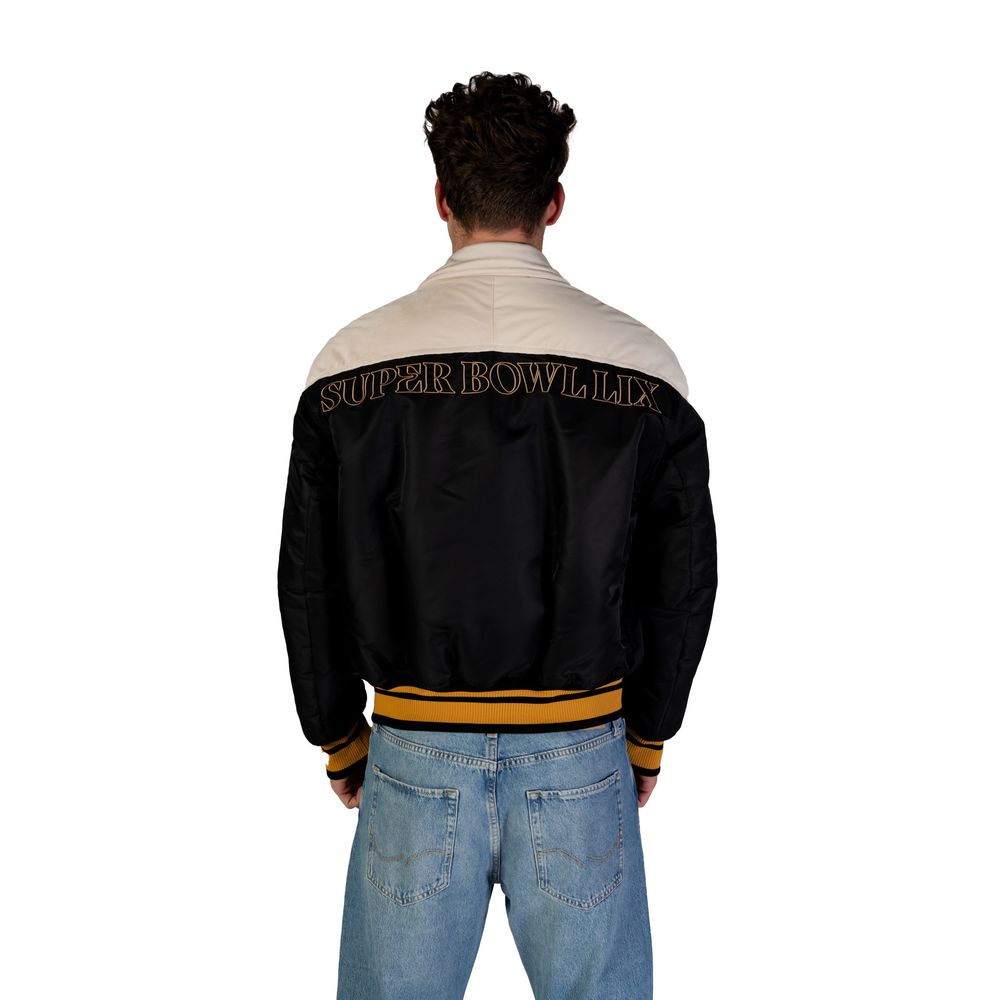 Back view of man wearing Hugo Boss Black Polyamide Bomber jacket with Super Bowl details and contrasting ribbed cuffs.
