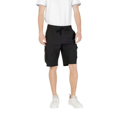 Hugo Boss Black Polyester Bermuda Shorts with elastic waistband, drawstring, and side pockets, perfect for casual summer outings.