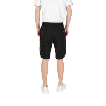 Back view of Hugo Boss Black Polyester Bermuda Shorts with elastic waistband and side pockets, ideal for leisure and summer outings.