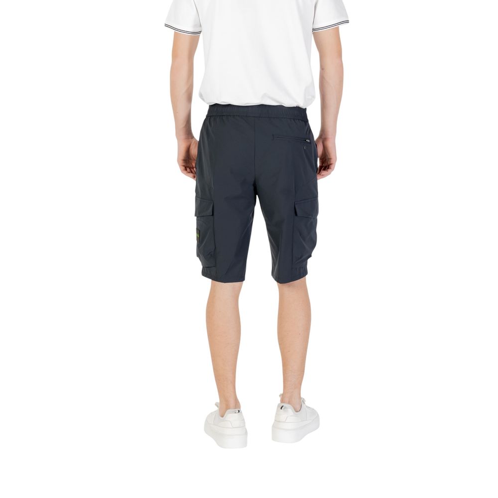 Back view of Hugo Boss Blue Polyester Bermuda Shorts with side pockets and elastic drawstring waistband.